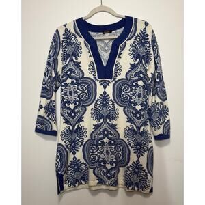 J. McLaughlin Blue White Paisley Tunic Women’s Resort Wear Grandmother Chic Med